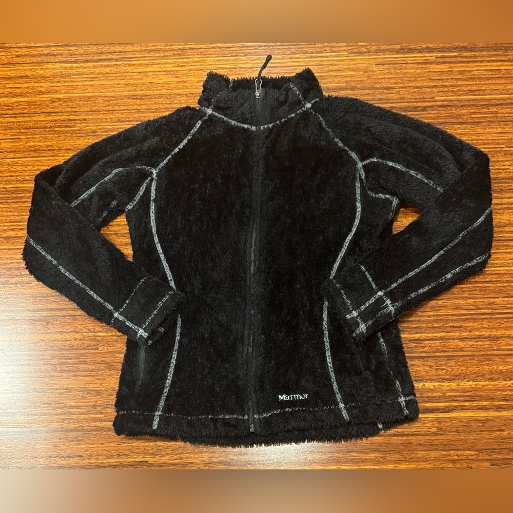 Marmot Black Furry Monkey Fleece Jacket Sz M Womens Long Sleeve Full Zip EUC